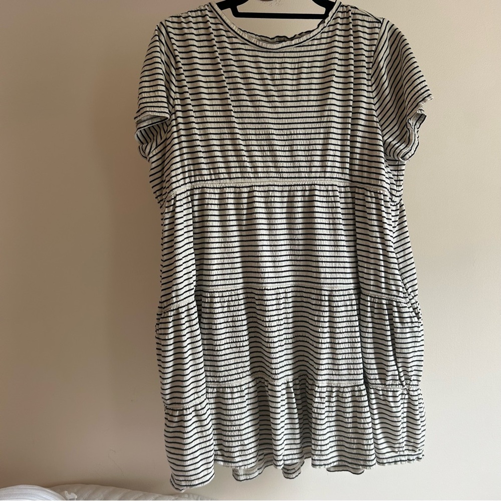 navy and white striped Loft Dress; size: large petite